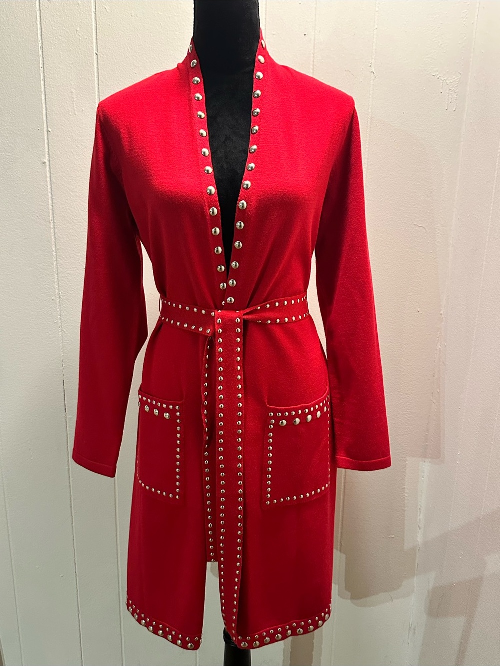 INC International Concepts Red Studded Belted Cardigan